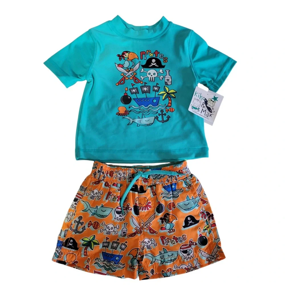 Kiko & Max Boys 3-6 months‎ Swim Trunks Rash Guard Shirt Set Outfit Pirate Shark